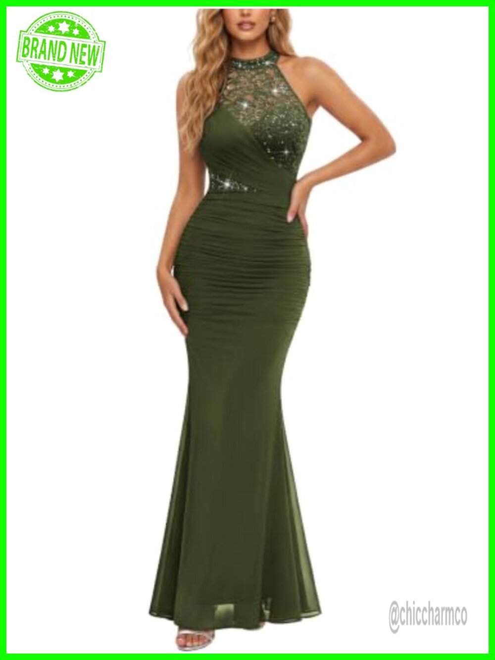 Halter Neck Sequin Lace Mesh Maxi Dress Ruched Sleeveless Formal Evening Gown